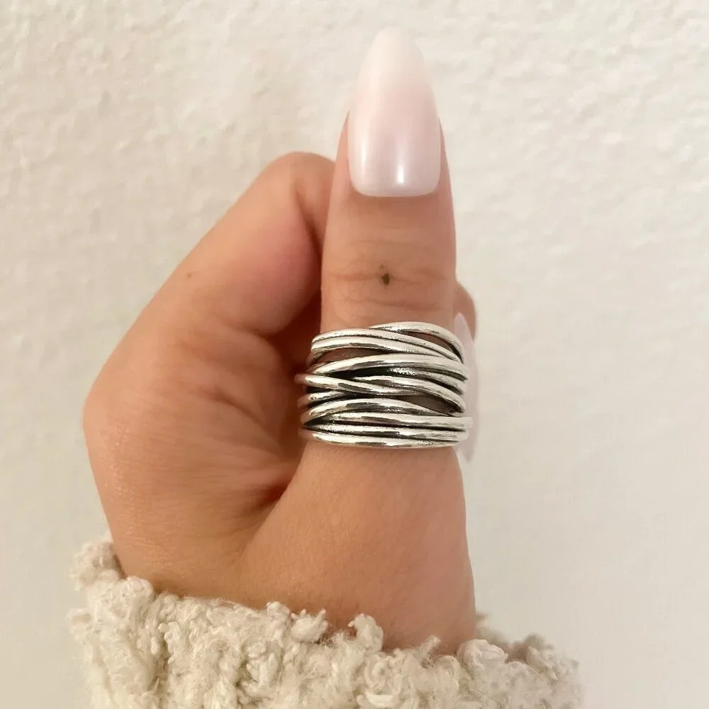 925 Sterling Silver Chunky Ring Thick Wide Ring Band Multi Layer Vintage Ring - Picture 12 of 13